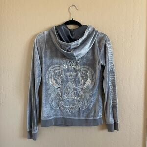 Y2K Christian Audigier Silver Velour Zip Up Sweatshirt Hoodie